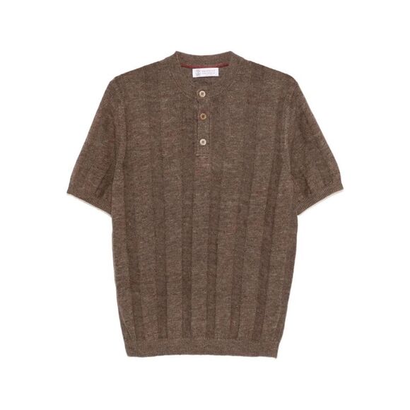 Brunello Cucinelli Men Textured Rib Knit T-Shirt With Henley Collar